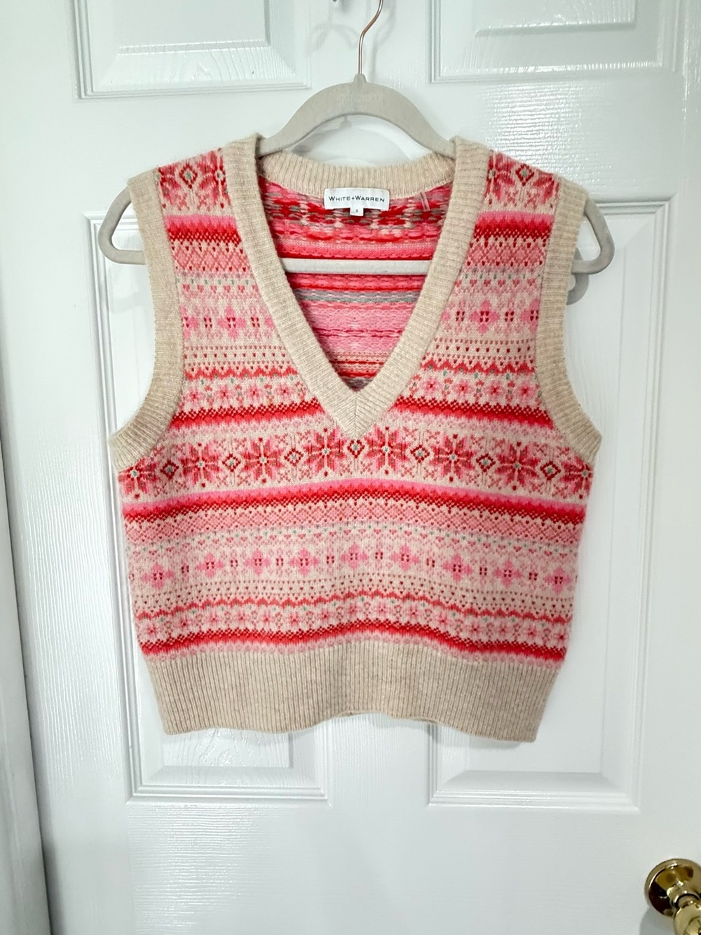 White + Warren Cashmere Pink & Beige Fair Isle V-Neck Sweater Vest